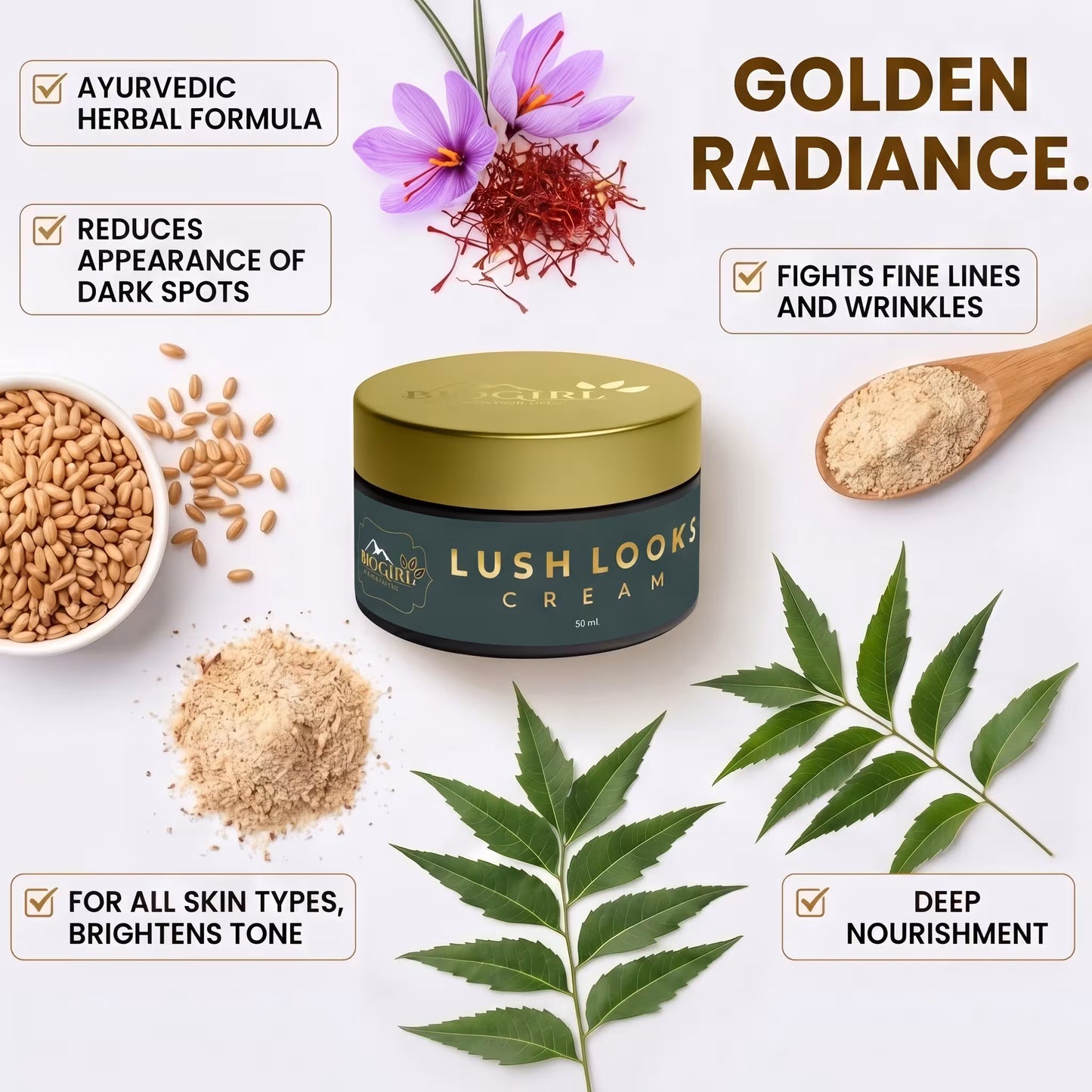 Biogiri Lush Looks Cream Powered by Kumkumadi Oil for Hyperpigmentation & Dark circles- Suitable for All Skin Types