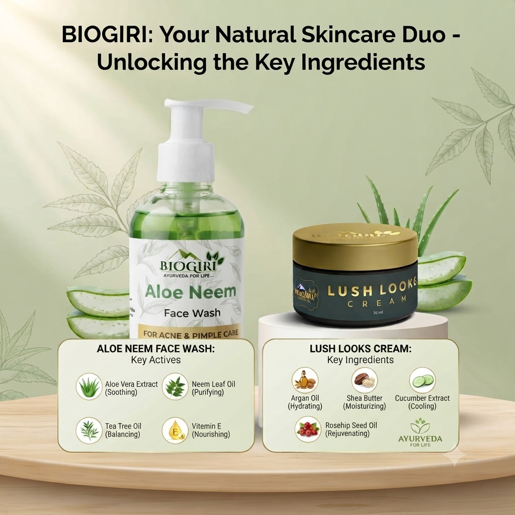 Biogiri Lush Looks Cream Combo with Neem Face Wash – Neem, Aloe Vera & Kumkumadi Ayurvedic Skincare Combo