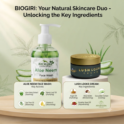 Biogiri Lush Looks Cream Combo with Neem Face Wash – Neem, Aloe Vera & Kumkumadi Ayurvedic Skincare Combo