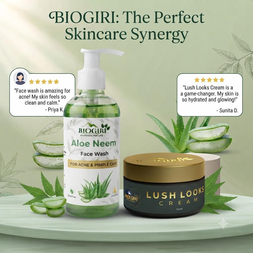 Biogiri Lush Looks Cream Combo with Neem Face Wash – Neem, Aloe Vera & Kumkumadi Ayurvedic Skincare Combo