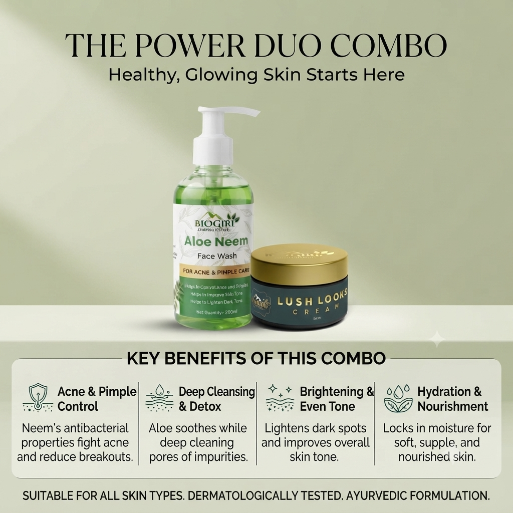 Biogiri Lush Looks Cream Combo with Neem Face Wash – Neem, Aloe Vera & Kumkumadi Ayurvedic Skincare Combo
