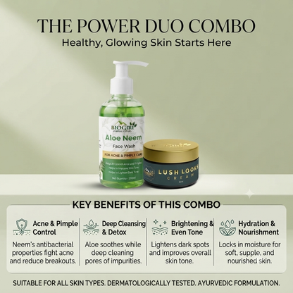 Biogiri Lush Looks Cream Combo with Neem Face Wash – Neem, Aloe Vera & Kumkumadi Ayurvedic Skincare Combo