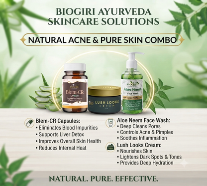 Biogiri Complete Skin Care Combo | Aloe Neem Face Wash 200ml + Lush Looks Cream 50ml + Blem Cr Capsules 30 | Ayurvedic Glow & Skin Care Kit