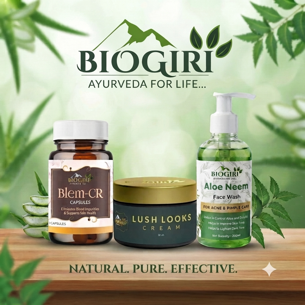 Biogiri Complete Skin Care Combo | Aloe Neem Face Wash 200ml + Lush Looks Cream 50ml + Blem Cr Capsules 30 | Ayurvedic Glow & Skin Care Kit