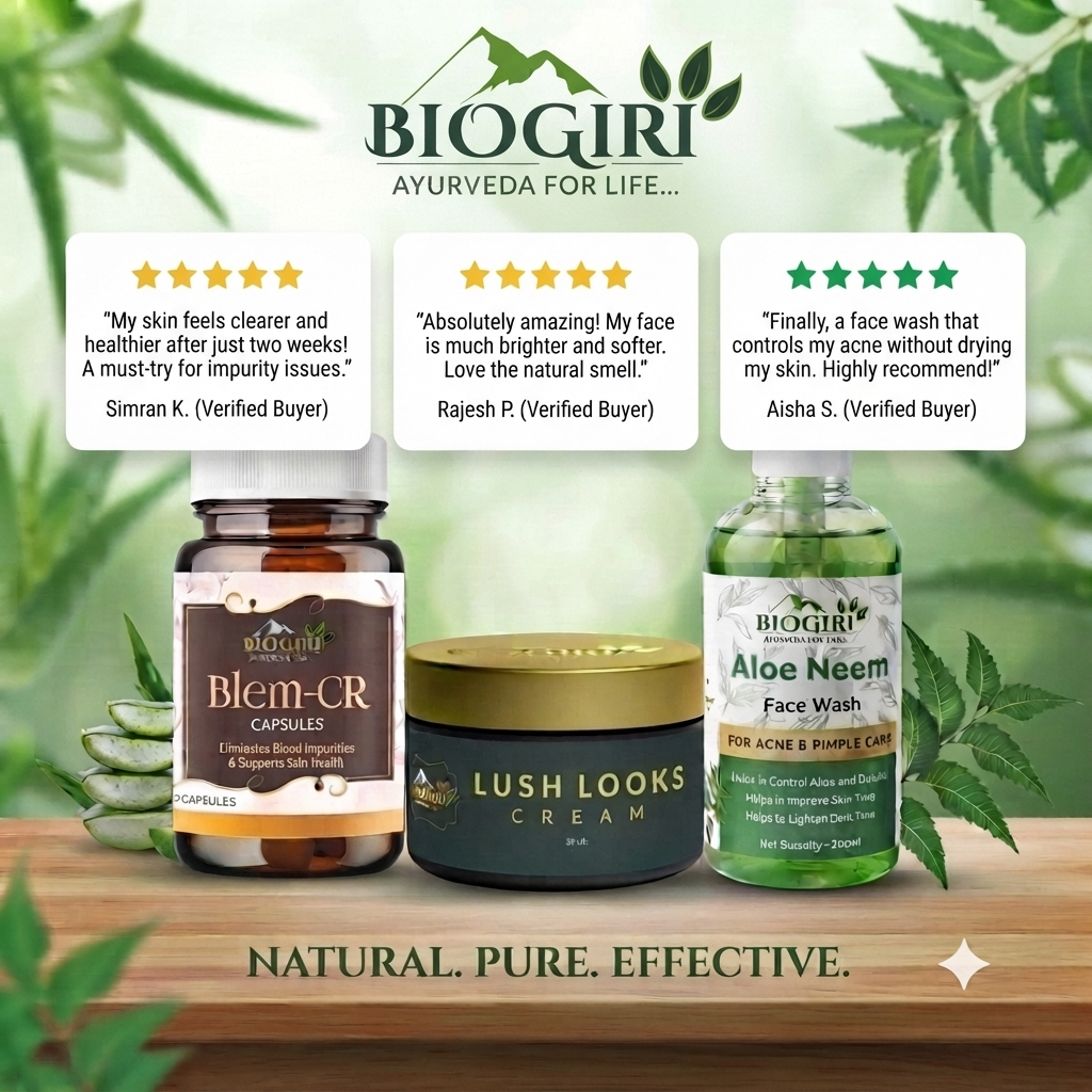 Biogiri Complete Skin Care Combo | Aloe Neem Face Wash 200ml + Lush Looks Cream 50ml + Blem Cr Capsules 30 | Ayurvedic Glow & Skin Care Kit