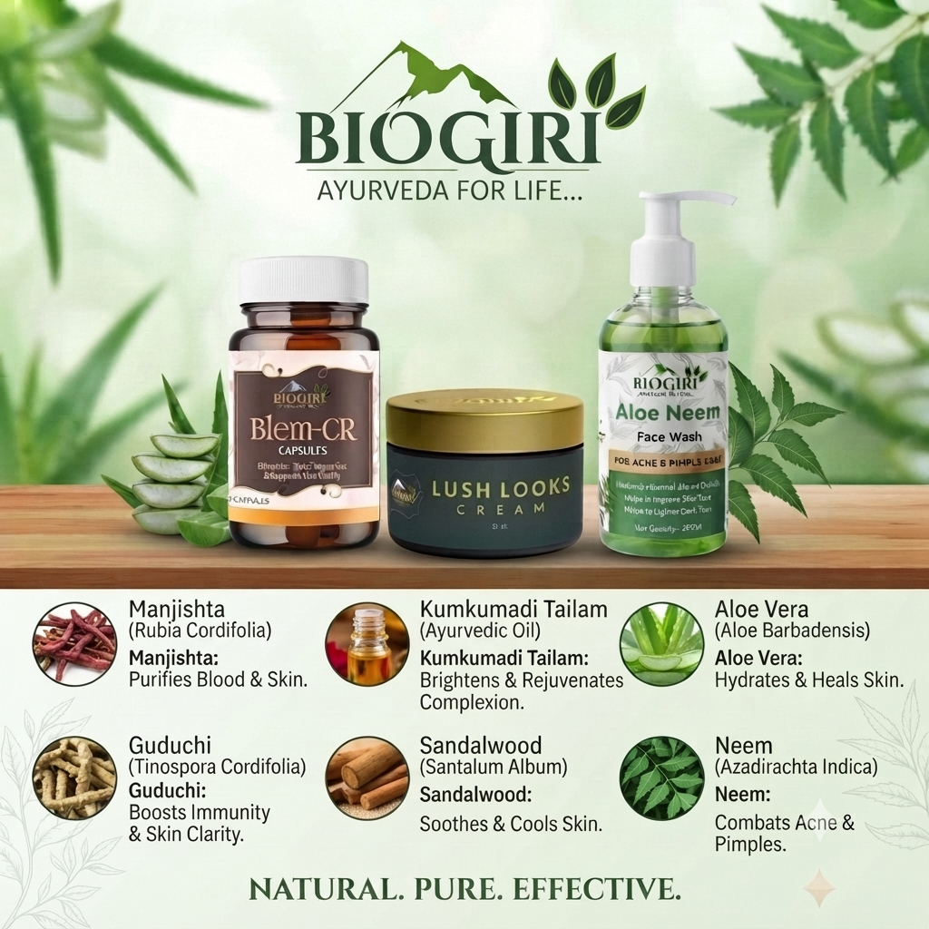 Biogiri Complete Skin Care Combo | Aloe Neem Face Wash 200ml + Lush Looks Cream 50ml + Blem Cr Capsules 30 | Ayurvedic Glow & Skin Care Kit
