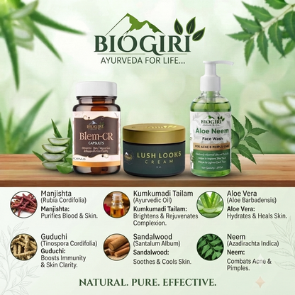 Biogiri Complete Skin Care Combo | Aloe Neem Face Wash 200ml + Lush Looks Cream 50ml + Blem Cr Capsules 30 | Ayurvedic Glow & Skin Care Kit