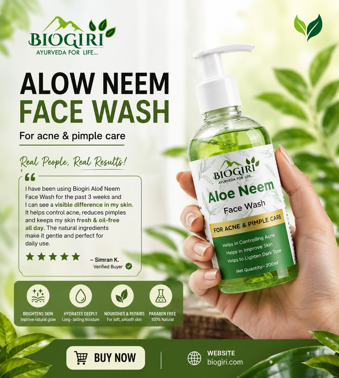 Biogiri Herbal Neem Aloe Face Wash – Ayurvedic Neem & Aloe Vera Face Cleanser for Oily & Acne-Prone Skin – 100ml