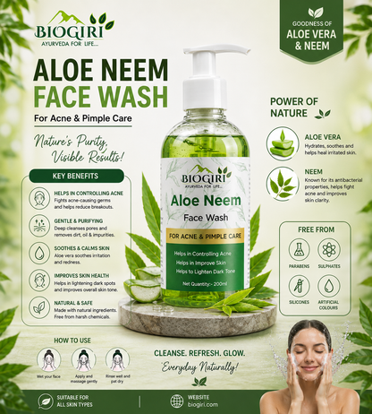 A promotional graphic for the BIOGIRI Aloe Neem Face Wash, featuring a clear bottle of green liquid with a white pump dispenser, surrounded by text callouts, icons, and a small inset photo of a woman at the bottom right.