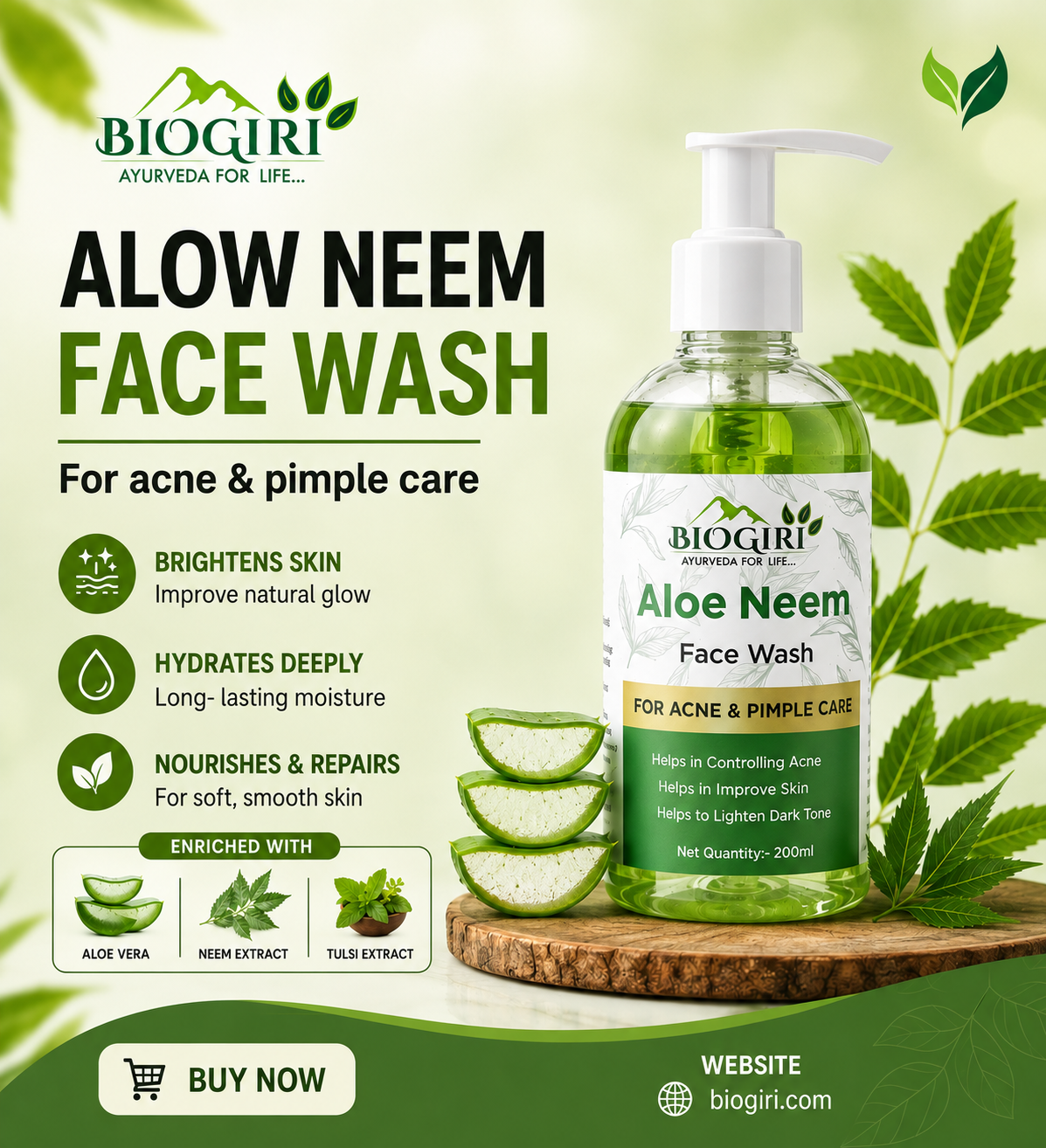 A bottle of BIOGIRI Aloe Neem Face Wash is displayed on a wooden board with sliced aloe vera leaves, set against a light green background with product benefits and branding text.