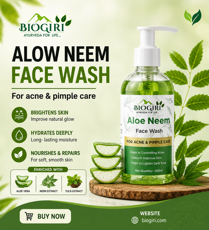 A bottle of BIOGIRI Aloe Neem Face Wash is displayed on a wooden board with sliced aloe vera leaves, set against a light green background with product benefits and branding text.