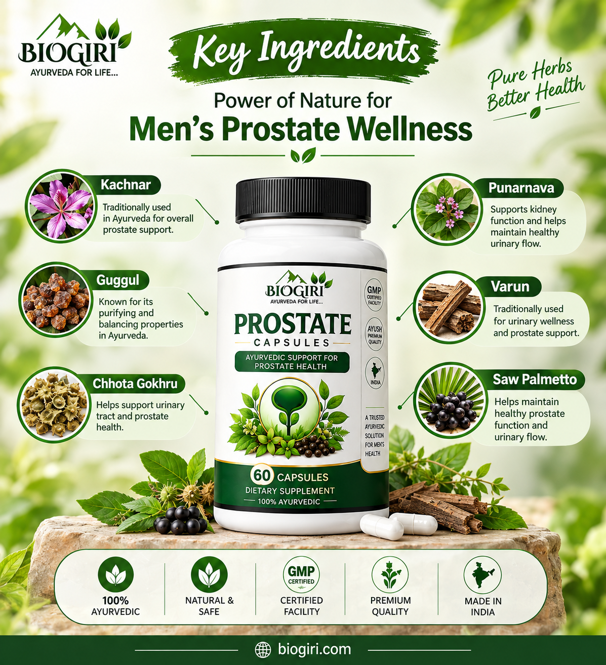 Biogiri Prostate Support Capsules – Ayurvedic Herbal Formula for Prostate & Urinary Health – 60 Capsules
