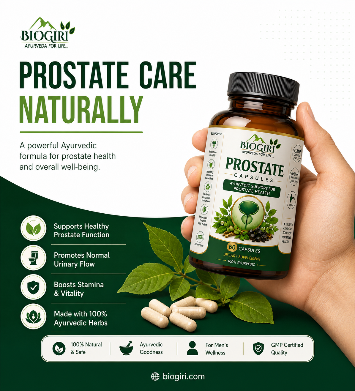 Biogiri Prostate Support Capsules – Ayurvedic Herbal Formula for Prostate & Urinary Health – 60 Capsules