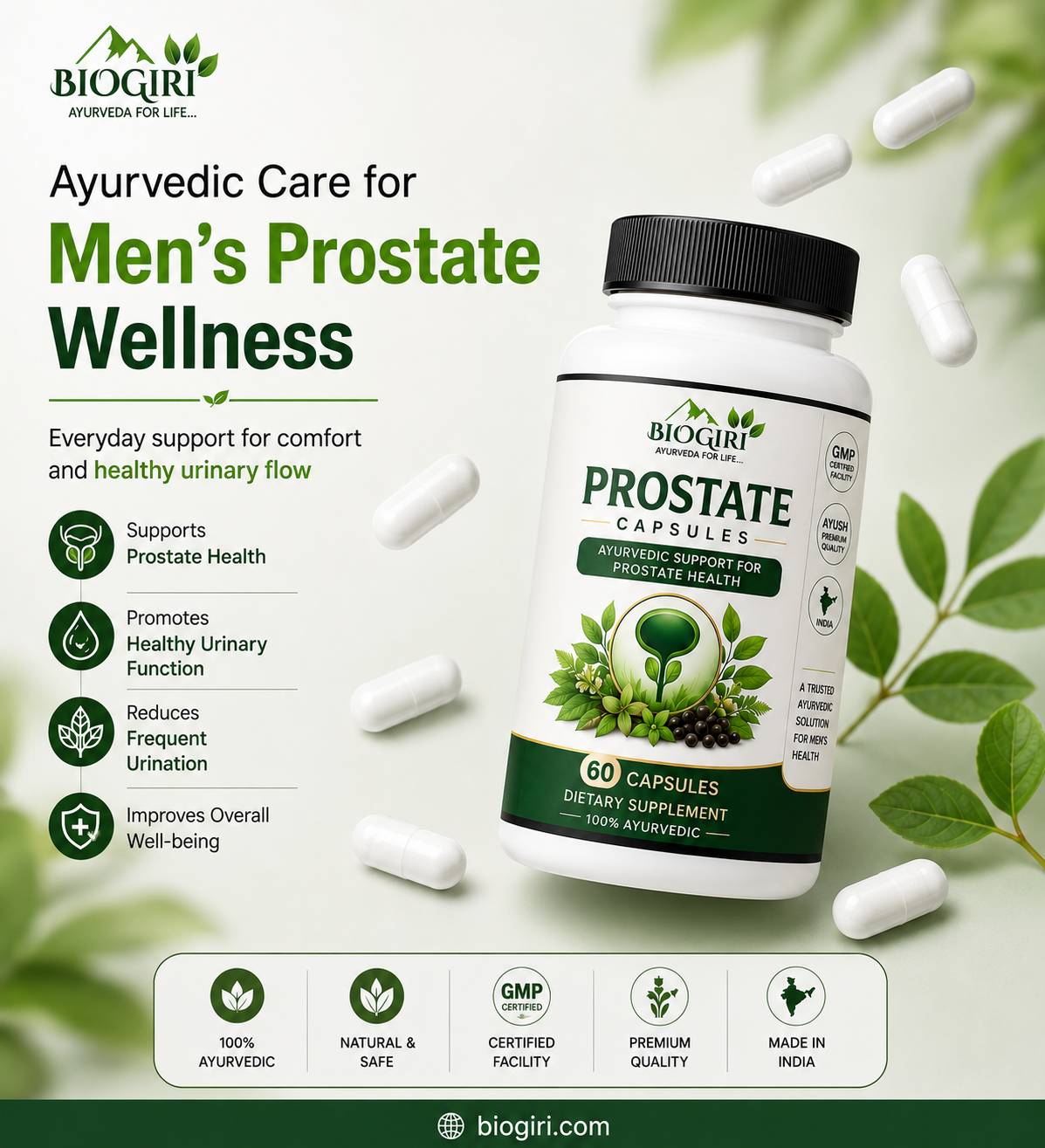 Biogiri Prostate Support Capsules – Ayurvedic Herbal Formula for Prostate & Urinary Health – 60 Capsules