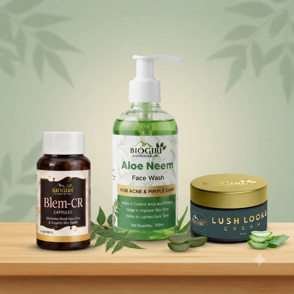 Biogiri Complete Skin Care Combo | Aloe Neem Face Wash 200ml + Lush Looks Cream 50ml + Blem Cr Capsules 30 | Ayurvedic Glow & Skin Care Kit