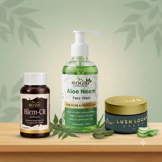 Biogiri Complete Skin Care Combo | Aloe Neem Face Wash 200ml + Lush Looks Cream 50ml + Blem Cr Capsules 30 | Ayurvedic Glow & Skin Care Kit