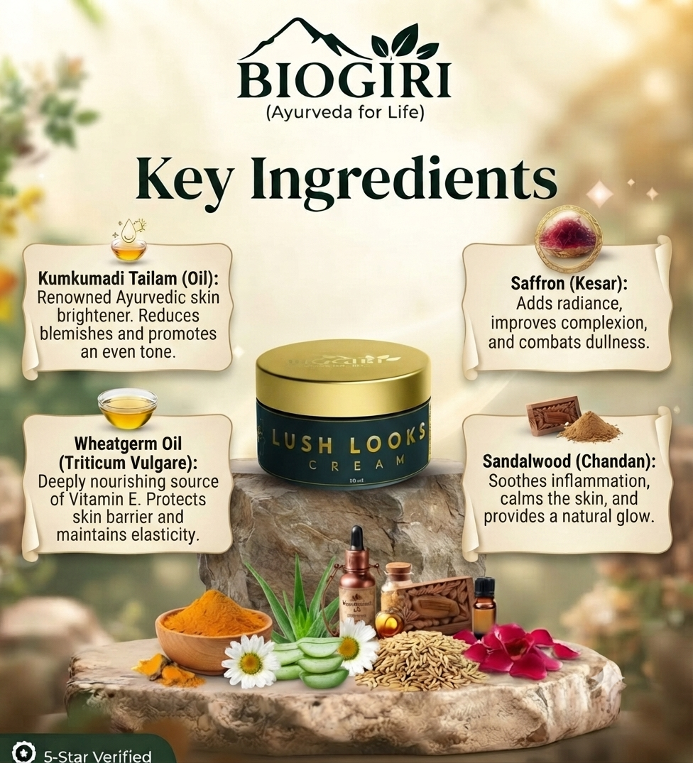 Biogiri Lush Looks Cream Powered by Kumkumadi Oil for Hyperpigmentation & Dark circles- Suitable for All Skin Types