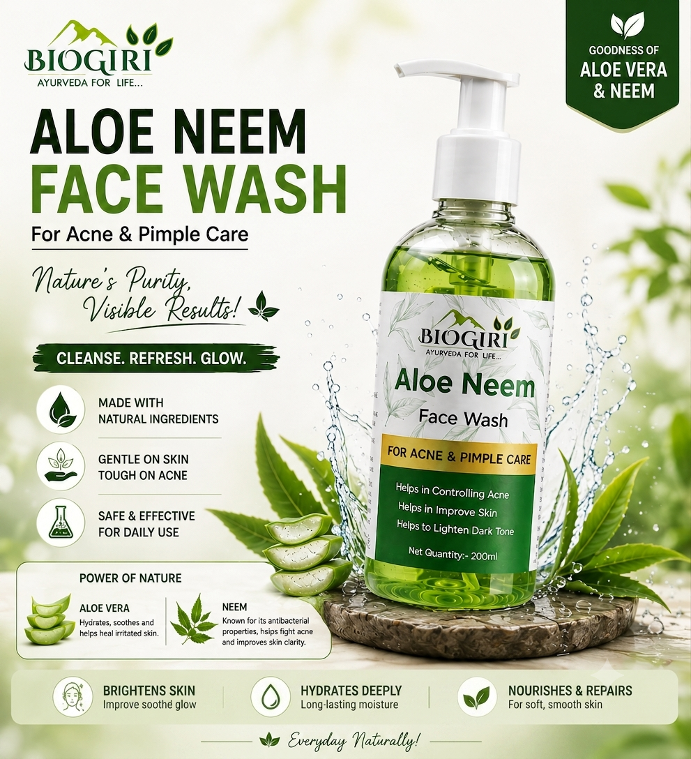Biogiri Herbal Neem Aloe Face Wash – Ayurvedic Neem & Aloe Vera Face Cleanser for Oily & Acne-Prone Skin – 100ml