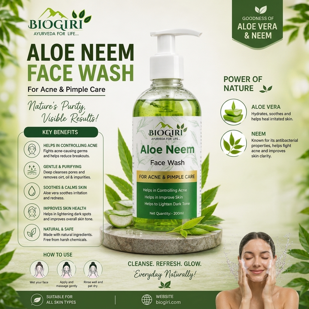 Biogiri Herbal Neem Aloe Face Wash – Ayurvedic Neem & Aloe Vera Face Cleanser for Oily & Acne-Prone Skin – 100ml