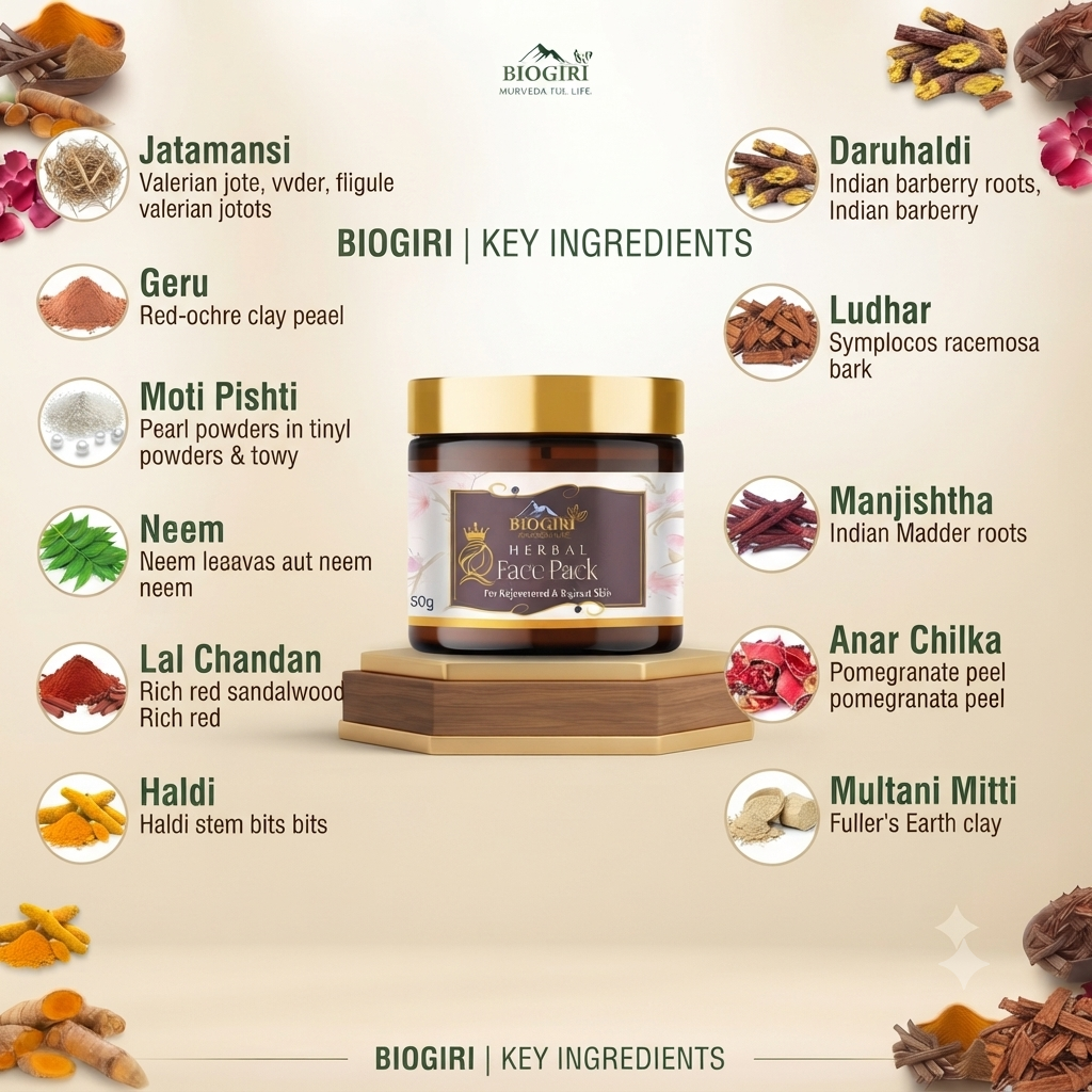 Biogiri Herbal Face Pack – Ayurvedic Neem, Multani Mitti & Lal Chandan Face Pack for Glowing, Clear & Even-Toned Skin – 100g