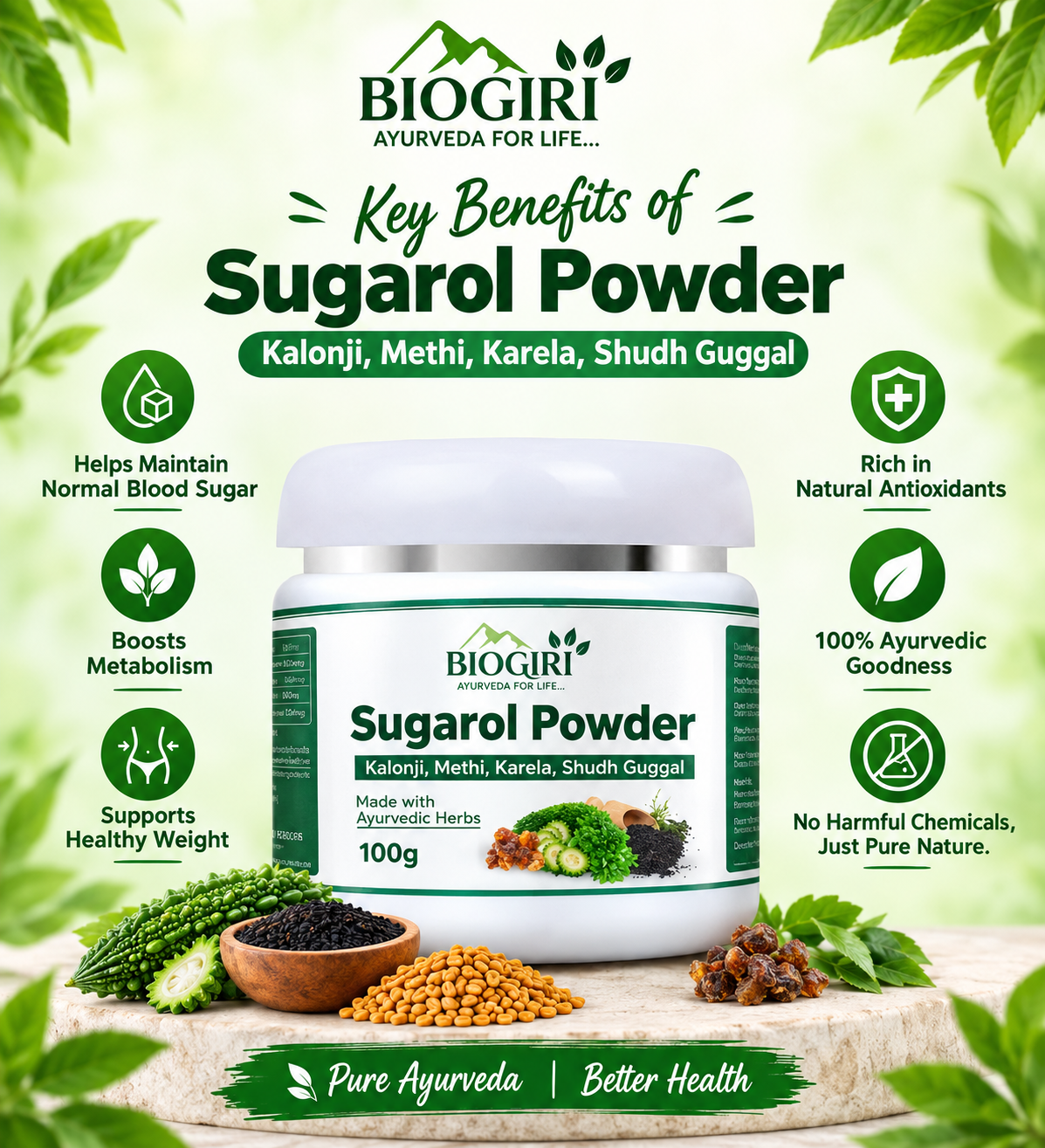 Biogiri Sugarol Powder – Ayurvedic Herbal Blend with Karela, Methi, Kalonji & Guggul for Healthy Blood Sugar, Metabolism & Digestive Support – 100g