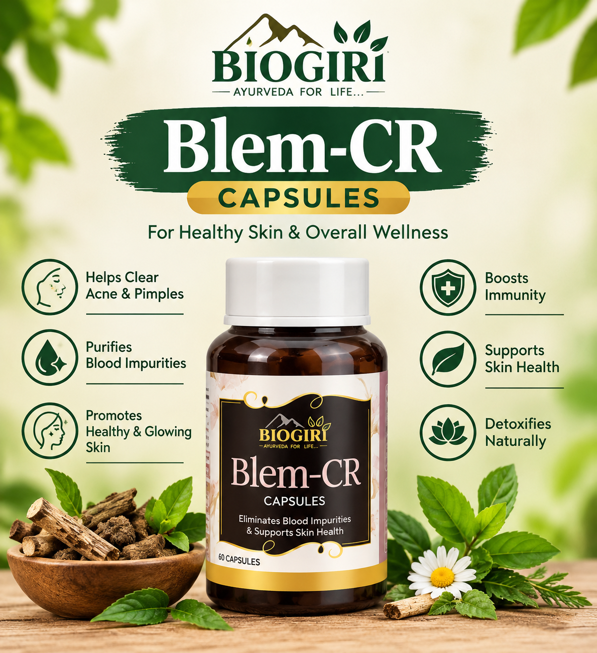 Biogiri Blem-CR Capsules – Ayurvedic Amla, Kutki & Babchi Herbal Formula for Skin Clarity, Pigmentation & Healthy-Looking Skin – 60 Capsules