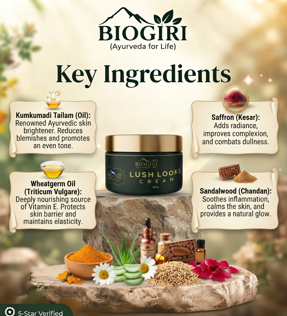 Biogiri Lush Looks Cream Powered by Kumkumadi Oil for Hyperpigmentation & Dark circles- Suitable for All Skin Types