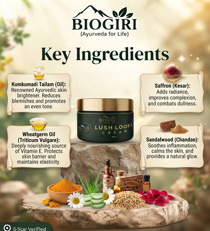 Biogiri Lush Looks Cream Powered by Kumkumadi Oil for Hyperpigmentation & Dark circles- Suitable for All Skin Types