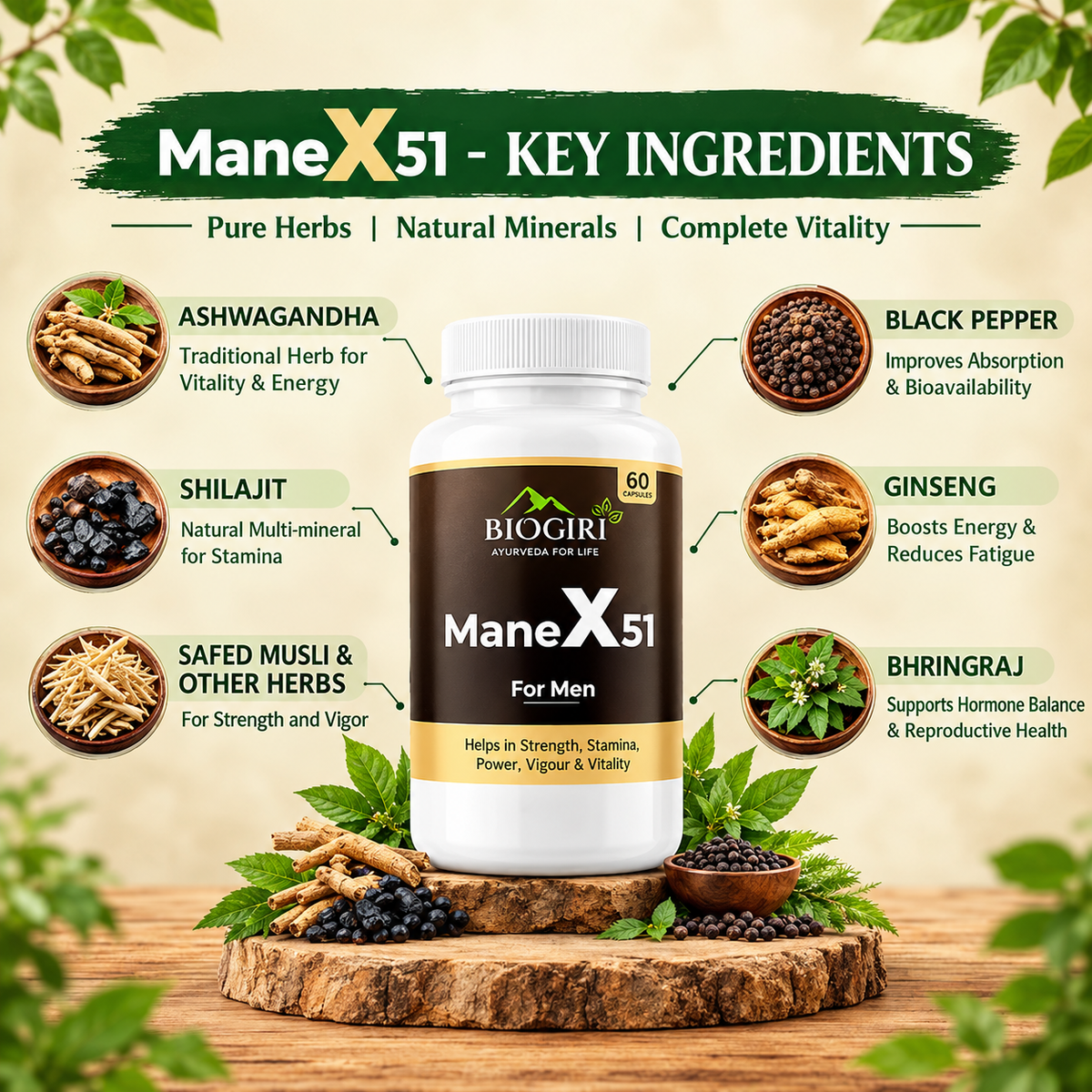 Biogiri Manex 51 Capsules – Ayurvedic Herbal Blend with Salam Panja, Akarkara & Jaiphal for Men’s Strength, Stamina & Vitality – 60 Capsules