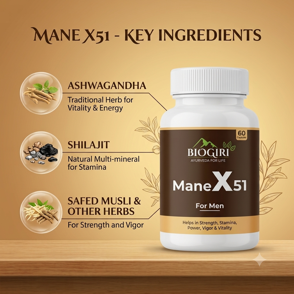 Biogiri Manex 51 Capsules – Ayurvedic Herbal Blend with Salam Panja, Akarkara & Jaiphal for Men’s Strength, Stamina & Vitality – 60 Capsules