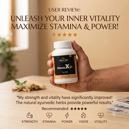 Biogiri Manex 51 Capsules – Ayurvedic Herbal Blend with Salam Panja, Akarkara & Jaiphal for Men’s Strength, Stamina & Vitality – 60 Capsules