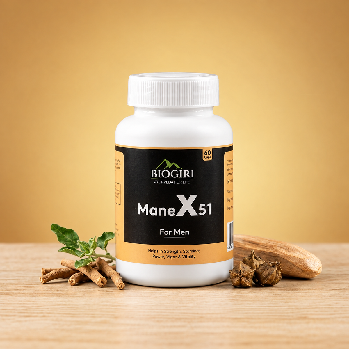 Biogiri Manex 51 Capsules – Ayurvedic Herbal Blend with Salam Panja, Akarkara & Jaiphal for Men’s Strength, Stamina & Vitality – 60 Capsules