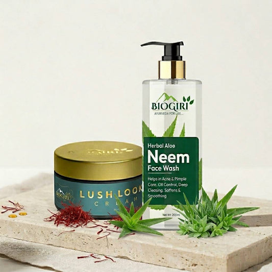 Biogiri Lush Looks Cream Combo with Neem Face Wash – Neem, Aloe Vera & Kumkumadi Ayurvedic Skincare Combo