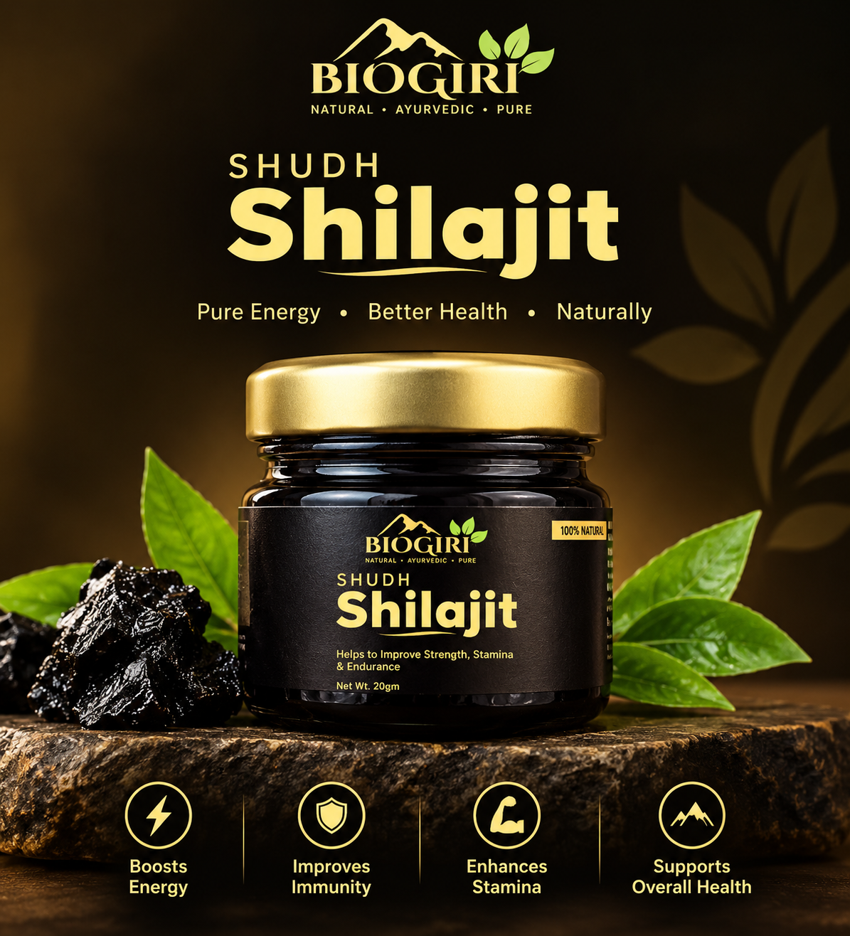 Biogiri Shudh Shilajit – Pure Ayurvedic Shilajit for Energy, Strength & Stamina Support – 10g