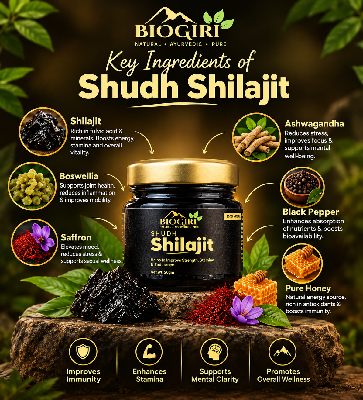 Biogiri Shudh Shilajit – Pure Ayurvedic Shilajit for Energy, Strength & Stamina Support – 10g