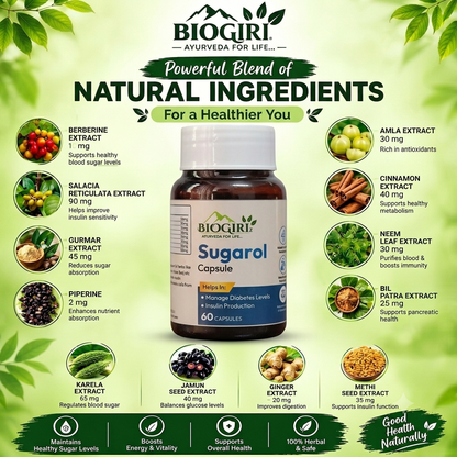Biogiri Sugarol Capsules – Ayurvedic Karela, Methi & Kalonji Herbal Formula for Healthy Blood Sugar, Glucose & Metabolic Support – 60 Capsules